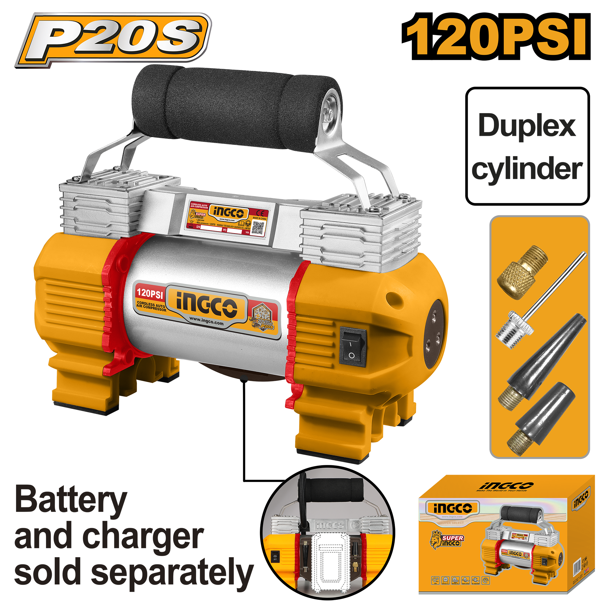 INGCO 20V PS+C/L COMPRESSOR 8.27BAR - No B/C