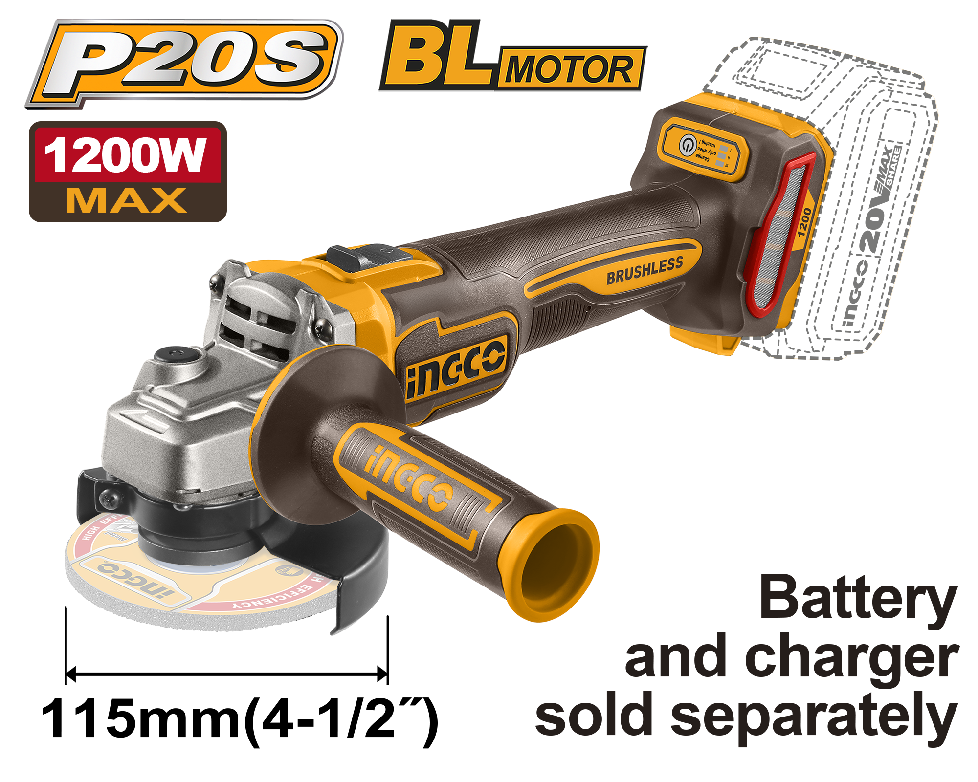 INGCO 20V PS+C/L B/L GRINDER 115MM 1200W