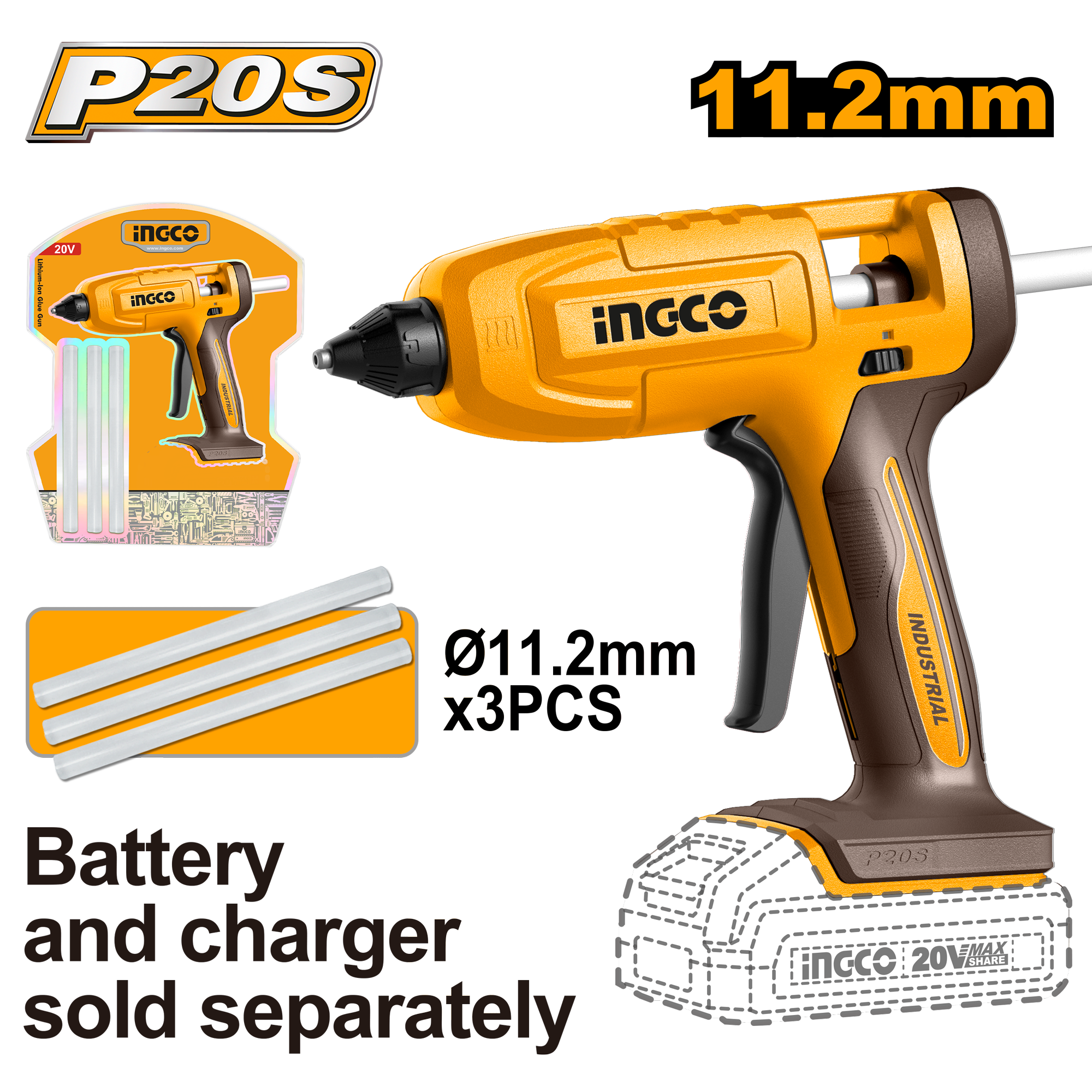 INGCO 20V PS+C/L GLUE GUN 3 STICKS - No B/C