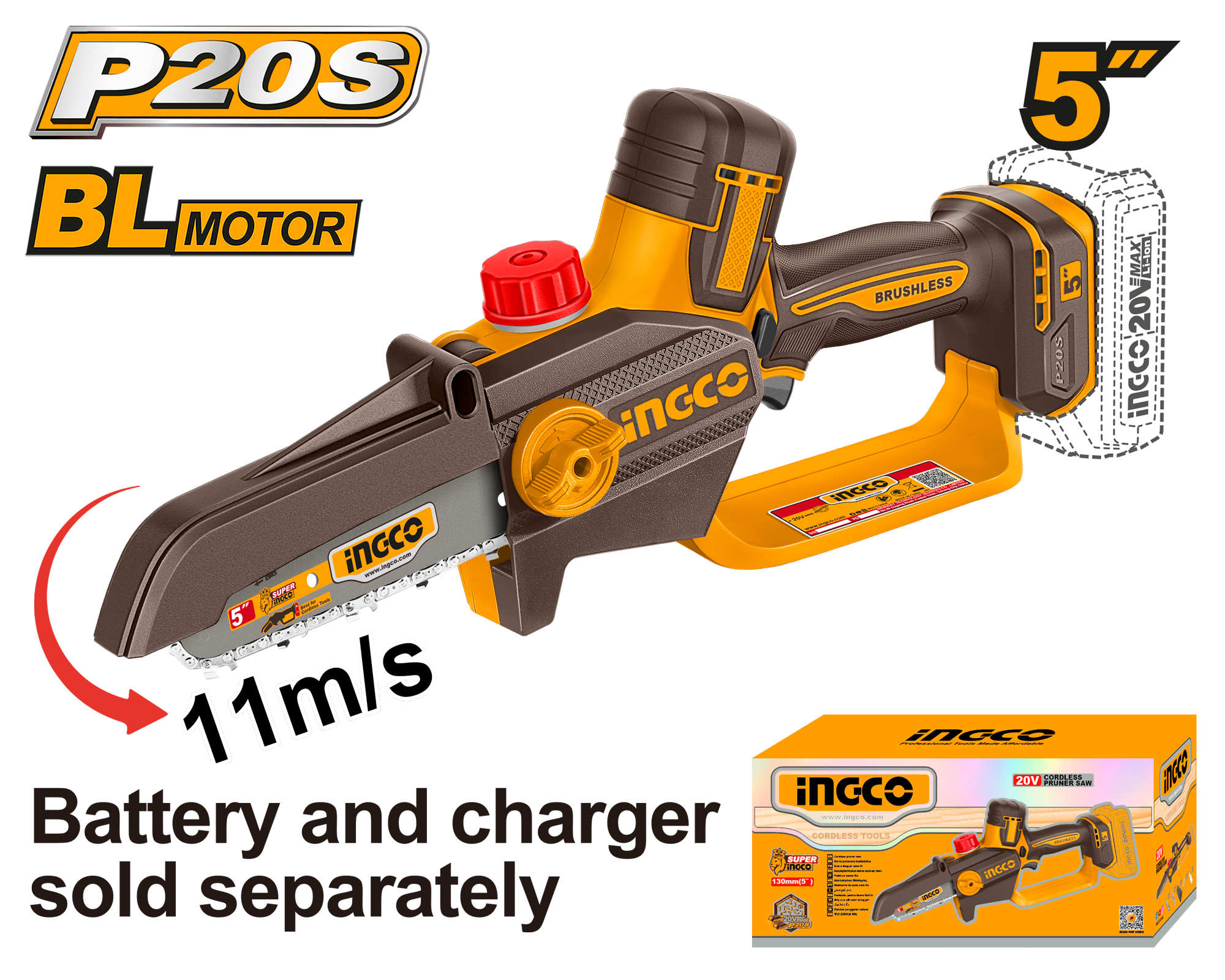 INGCO 20V PS+CL PRUNER SAW 5" 130MM - No B/C