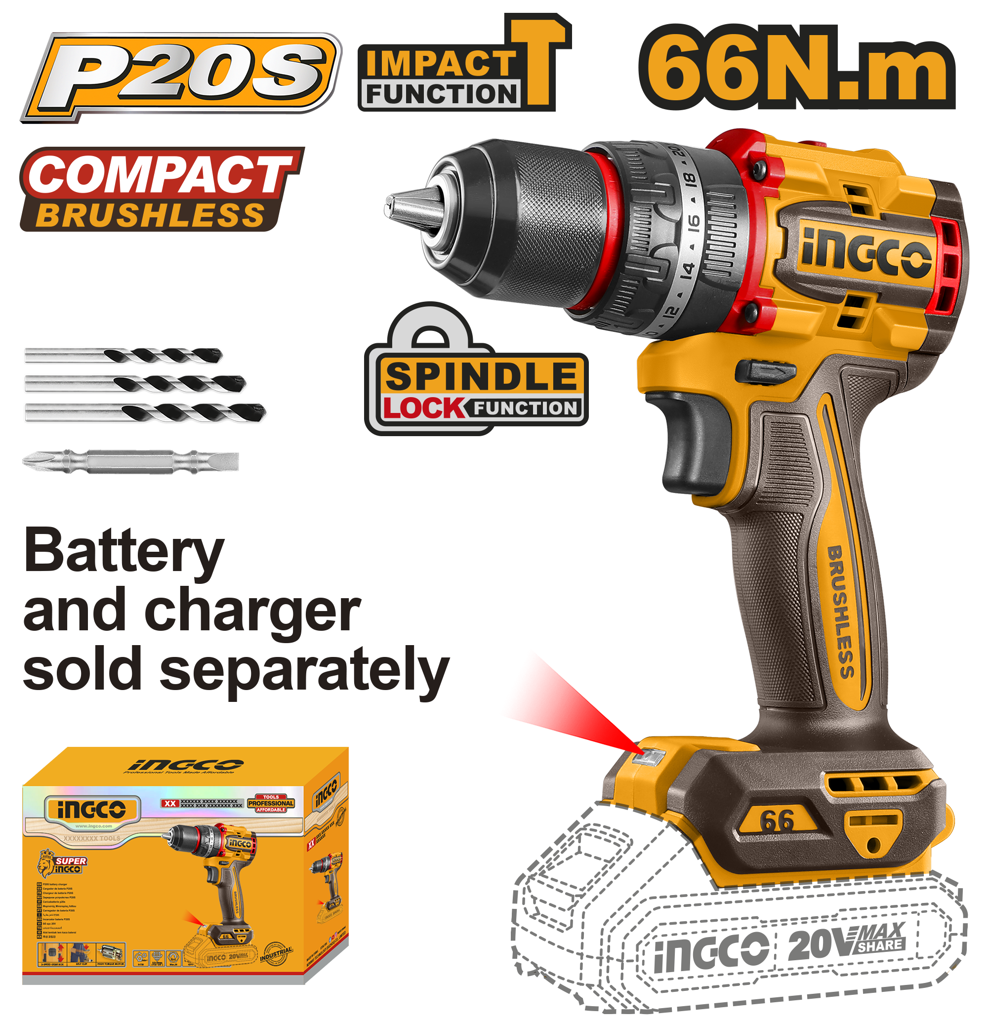 INGCO 20V PS+C/L B/L IMPACT DRILL 66NM - No B/C