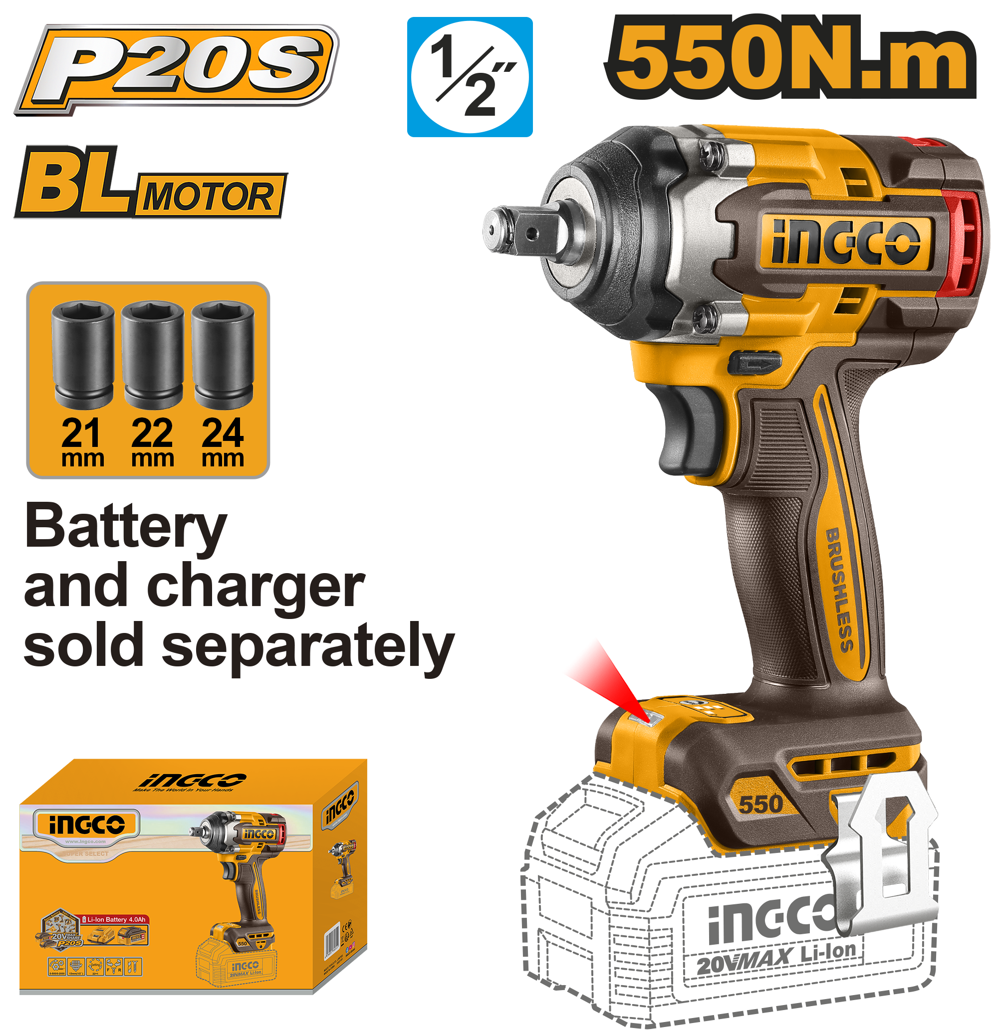 INGCO 20V PS+C/L B/L WRENCH IMP 550NM - No B/C