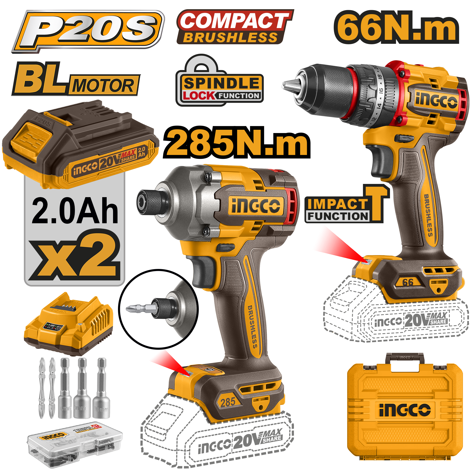 INGCO 20V PS+C/L 2P DRILL/DRIVER COMBO KIT - INCL 2 BAT+CH