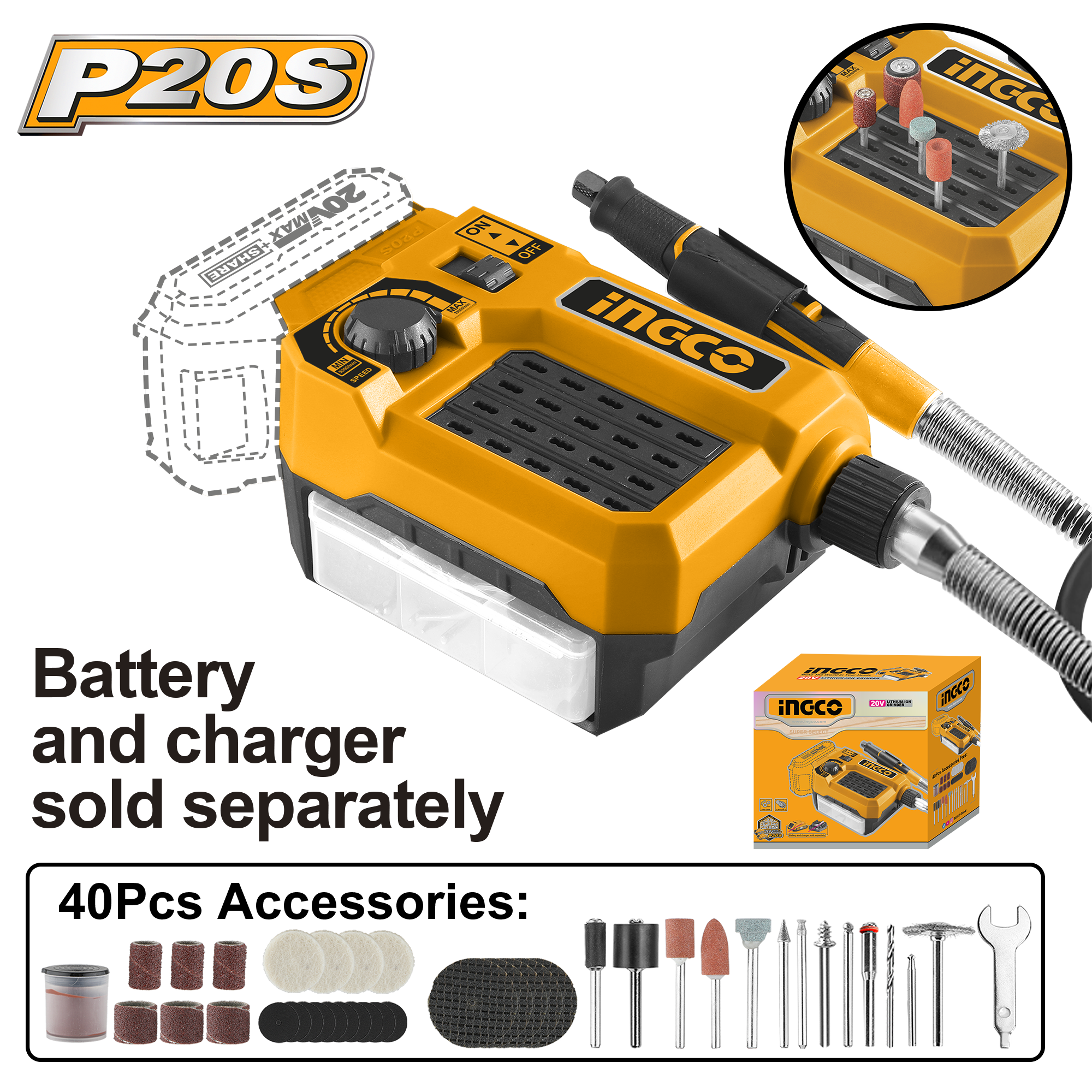 INGCO 20V PS+C/L MINI GRINDER DREMMEL - No B/C