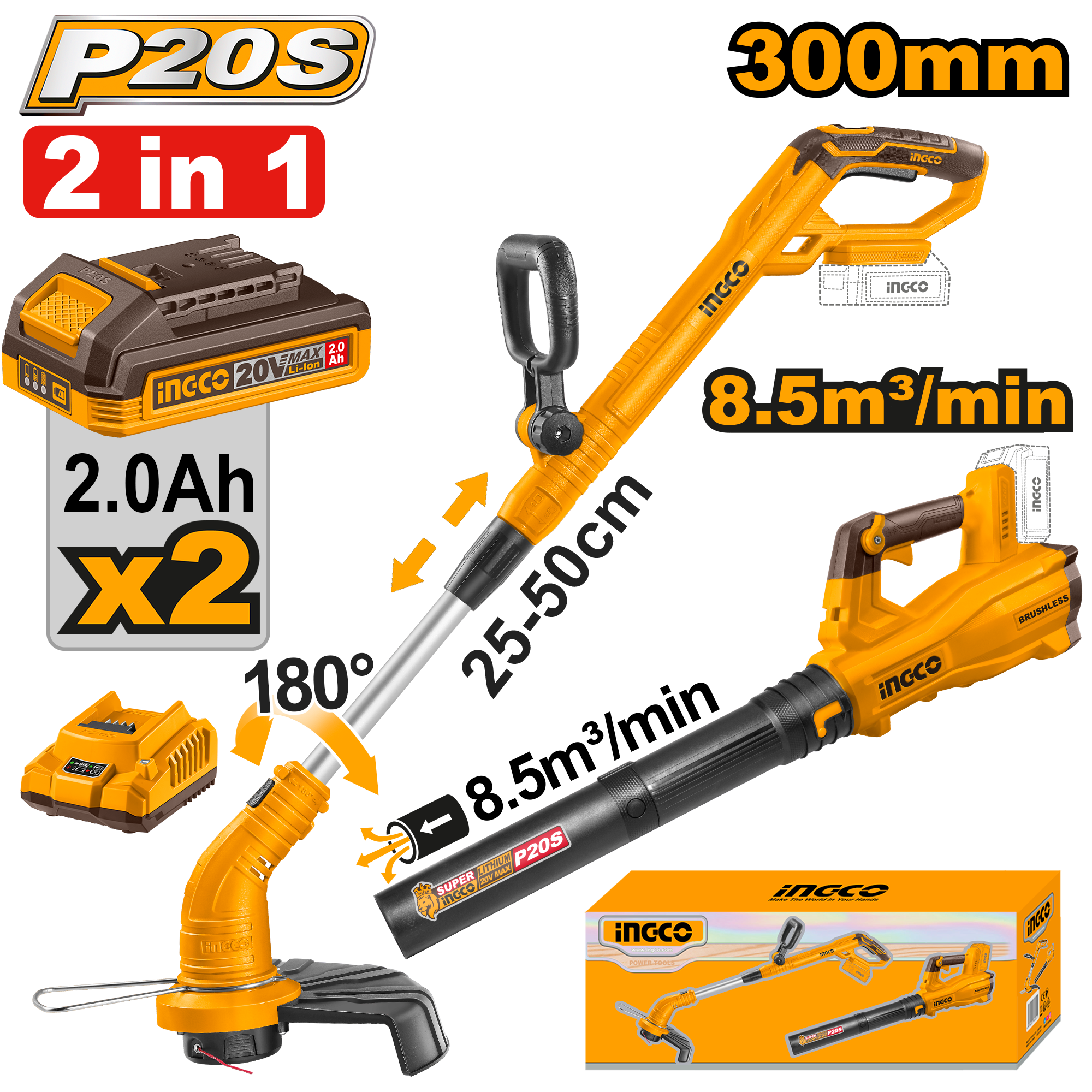 INGCO 20V PS+C/L 2P GRASS TRIMMER/BLOWER - 2 BAT+CH