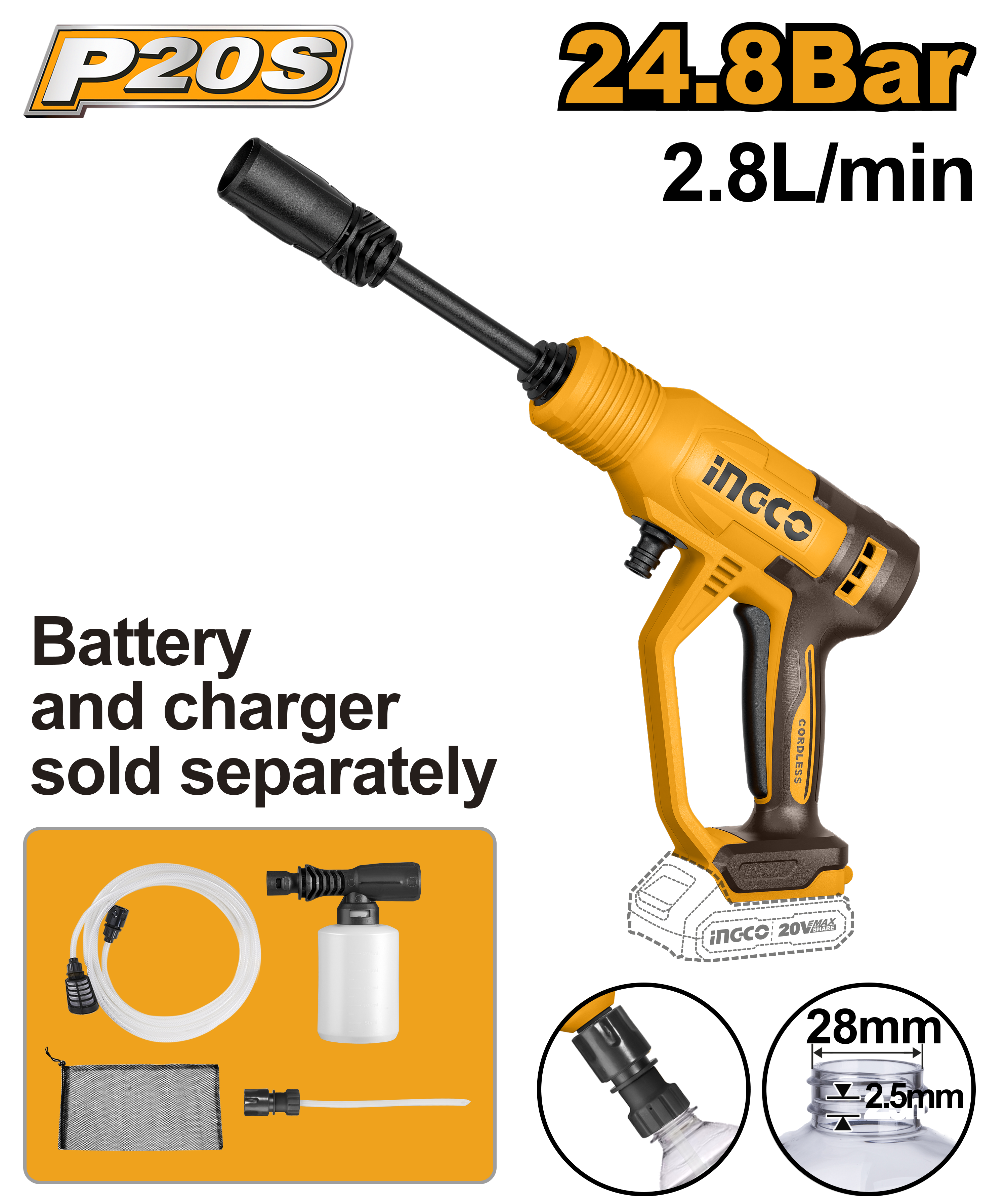 INGCO 20V PS+C/L PRESSURE WASHER 2.5L - No B/C