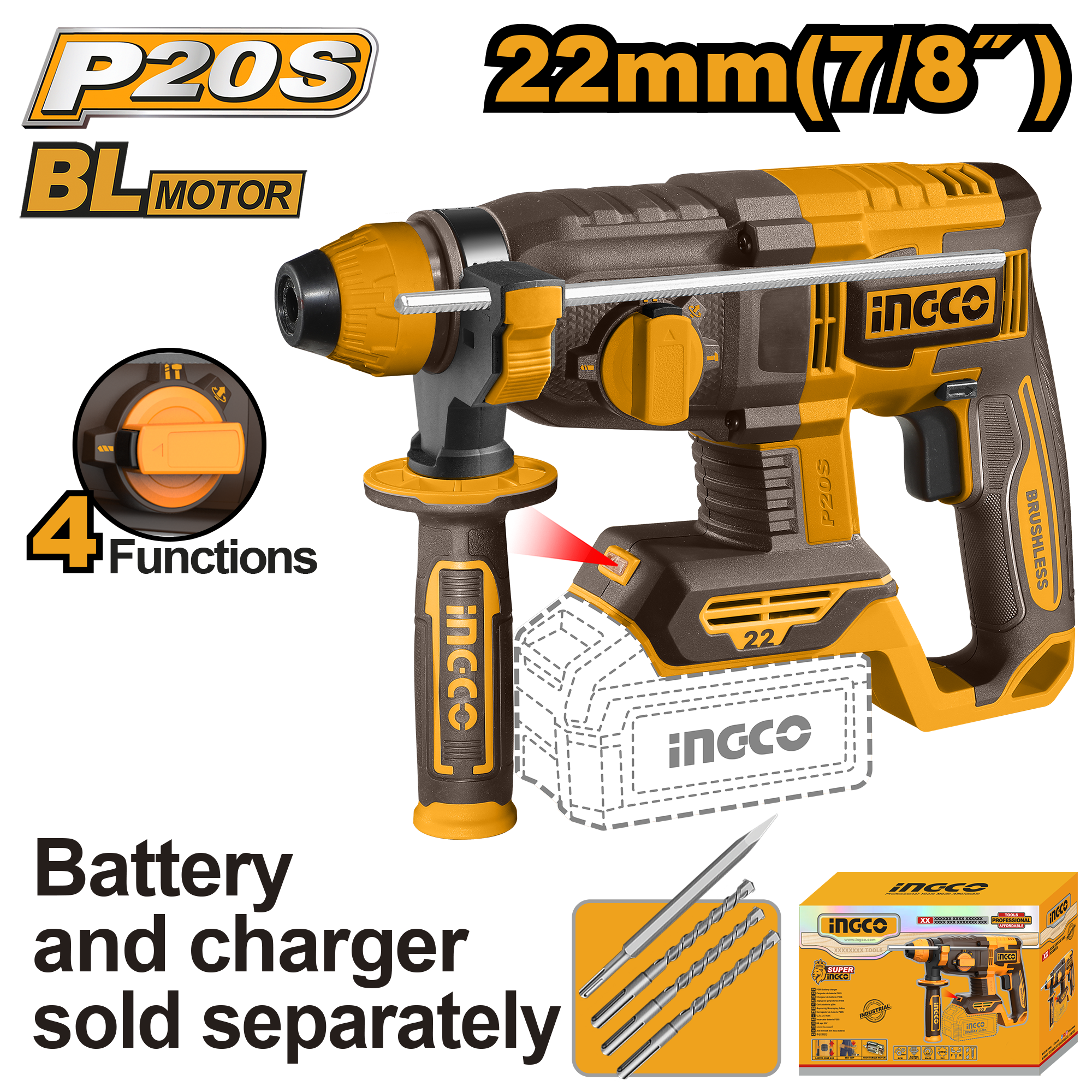 INGCO 20V PS+C/L B/L SDS ROTARY HAMMER DRILL + 4P ACC -No B/C