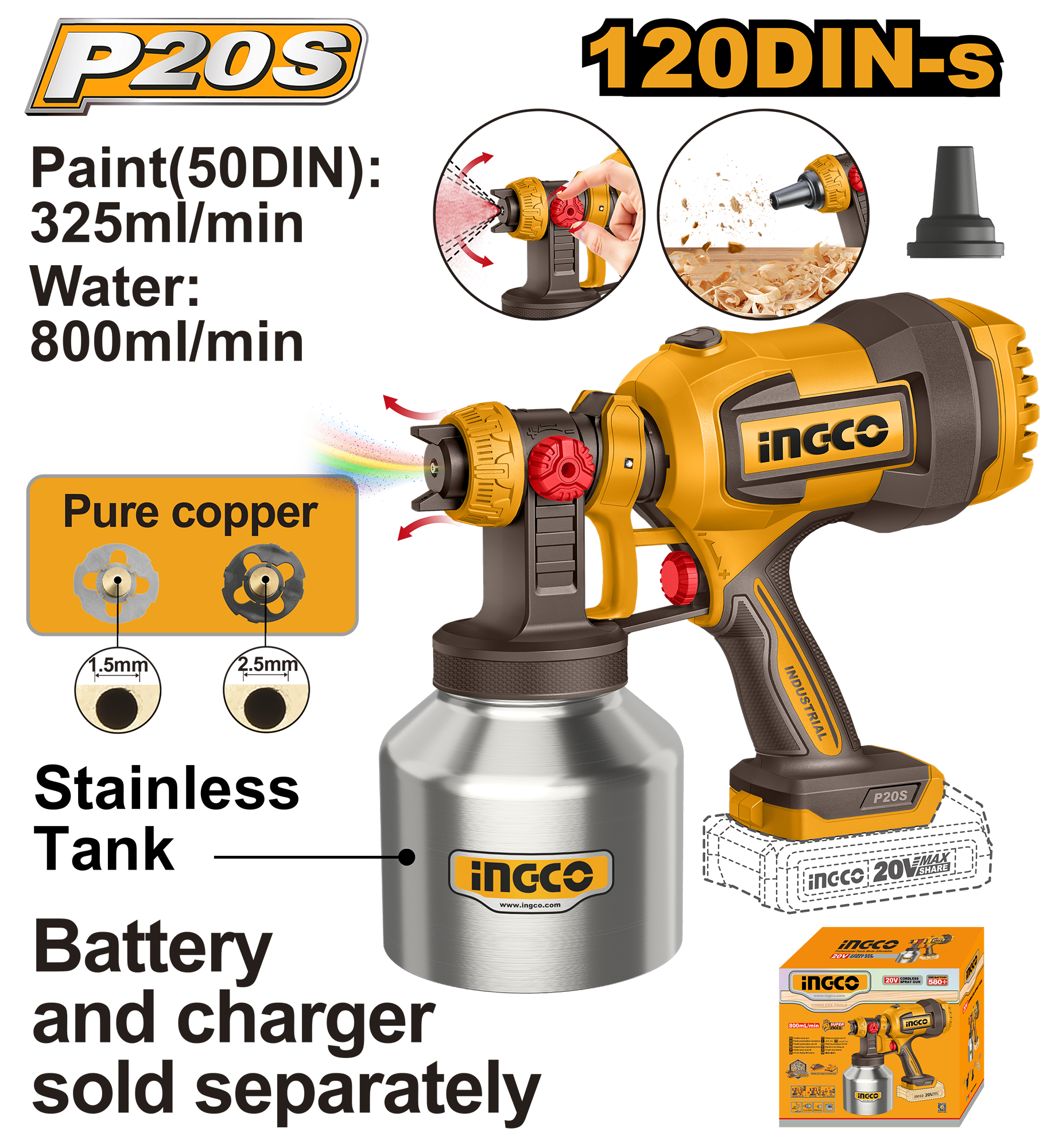 INGCO 20V PS+C/L SPRAY GUN 800ML - No B/C