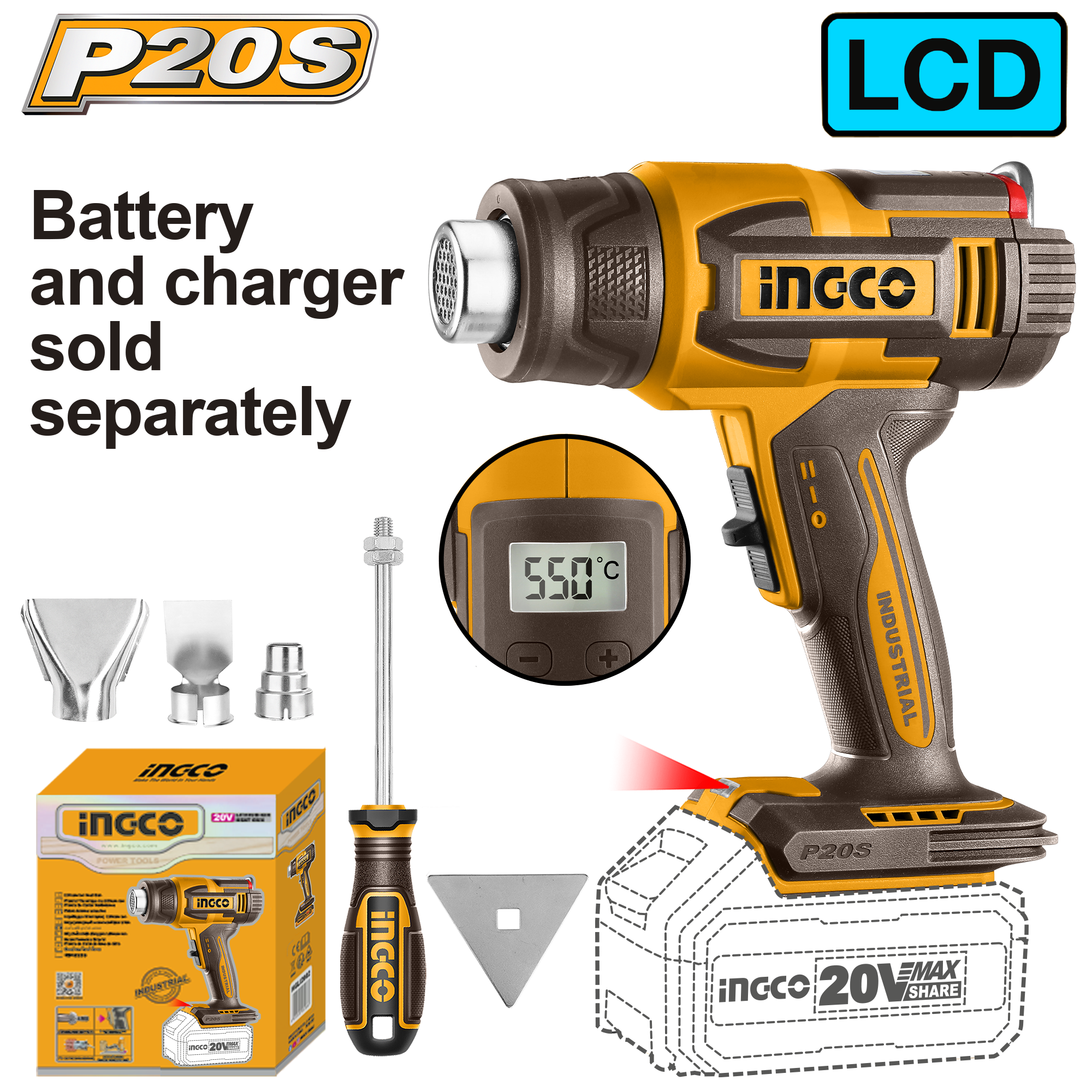 INGCO 20V PS+C/L HEAT GUN + 4P ACC - No B/C