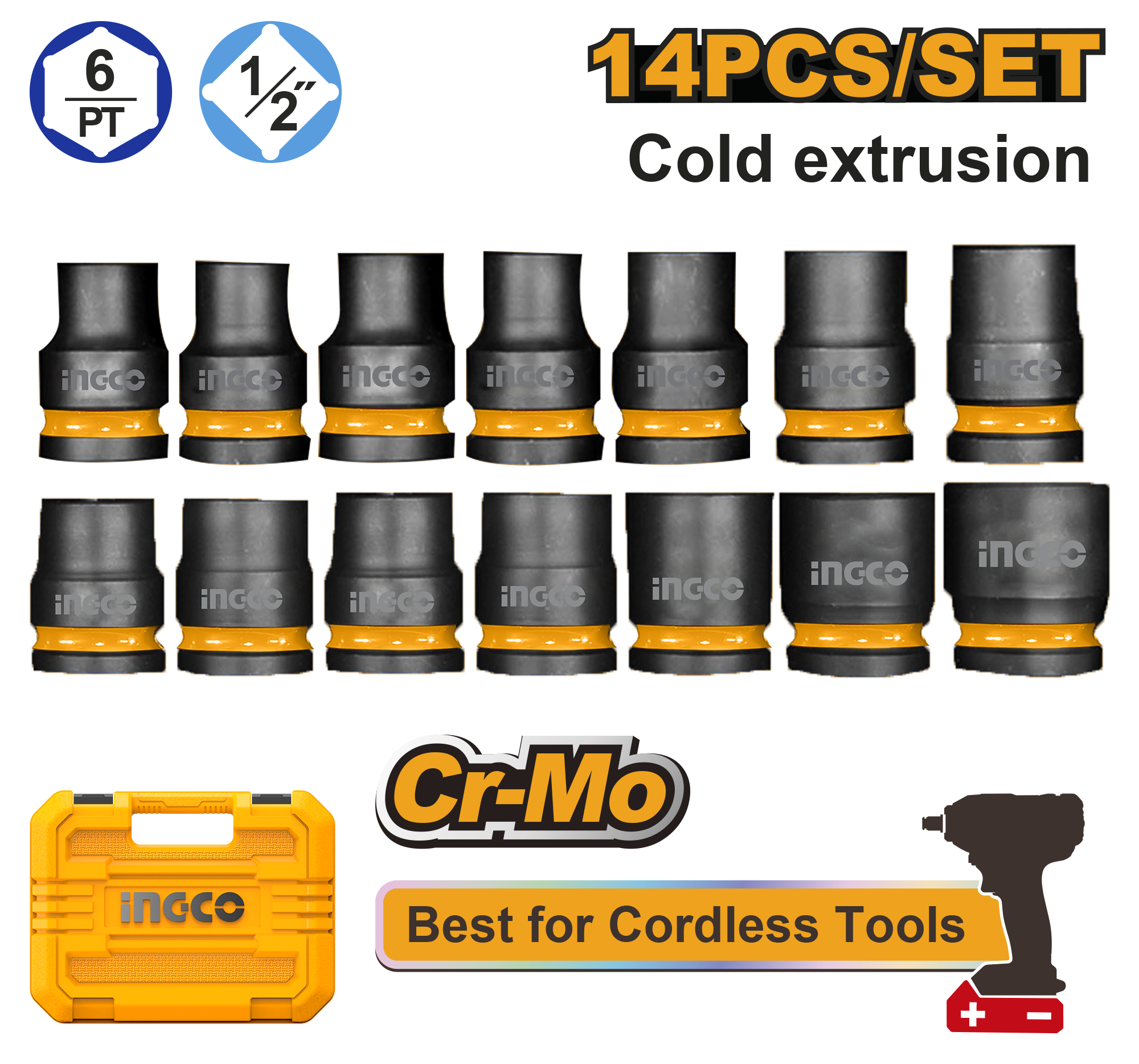 INGCO 14P IMPACT SOCKET SET 1/2"