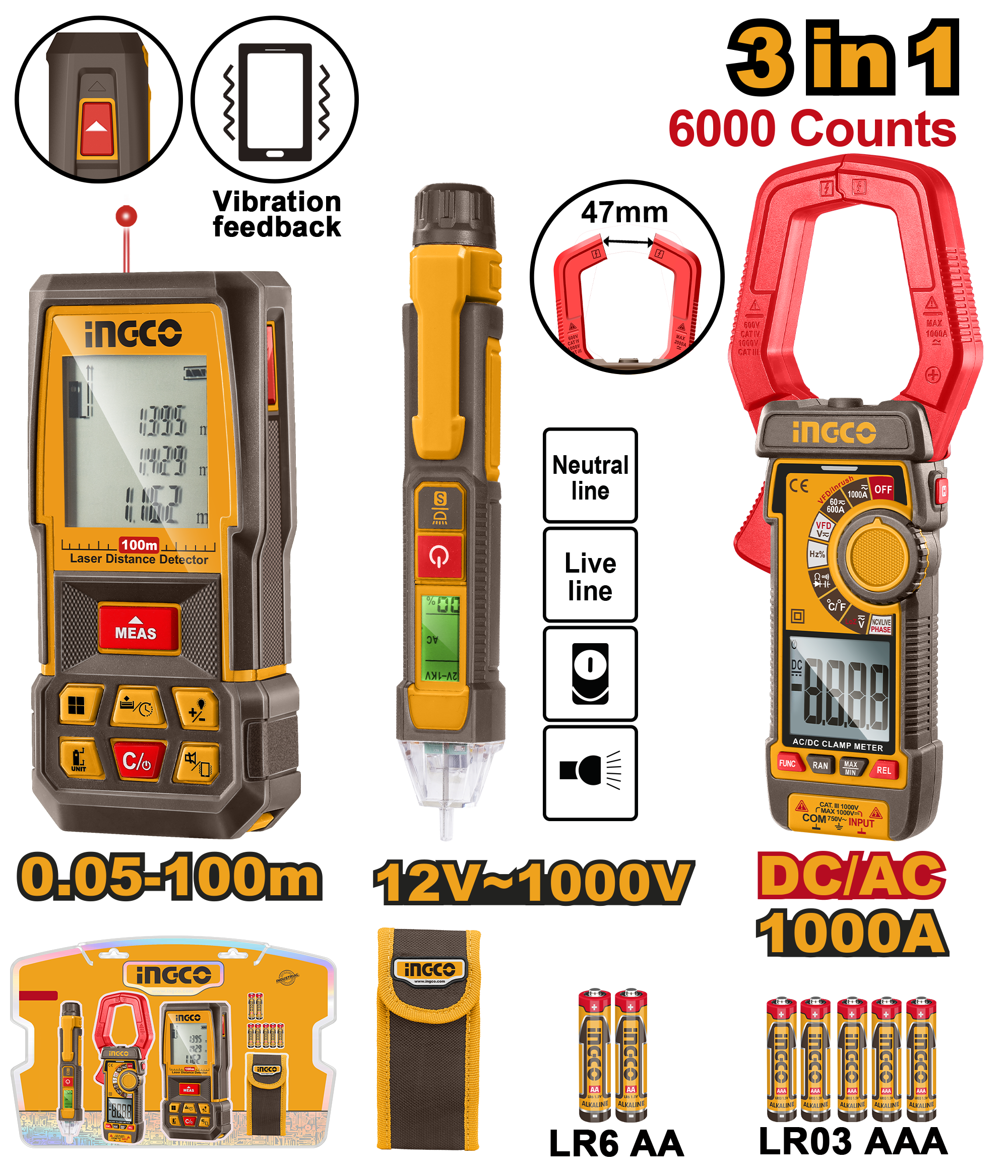 INGCO LASER DISTANCE, N/C VOLTAGE DETECTOR, AC/DC CLAMP METER 3P KIT