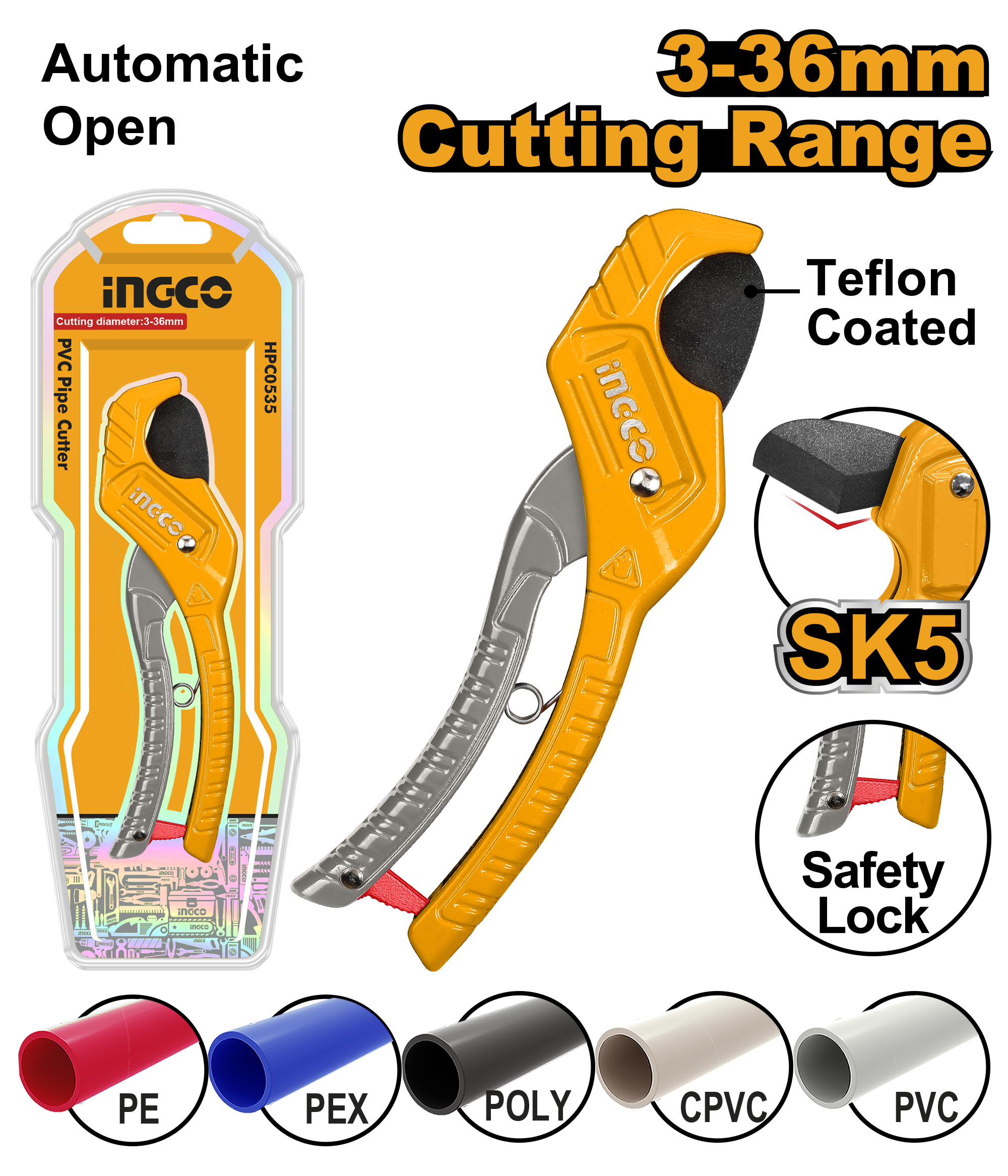 INGCO PIPE CUTTER PVC 210MM 3-36MM