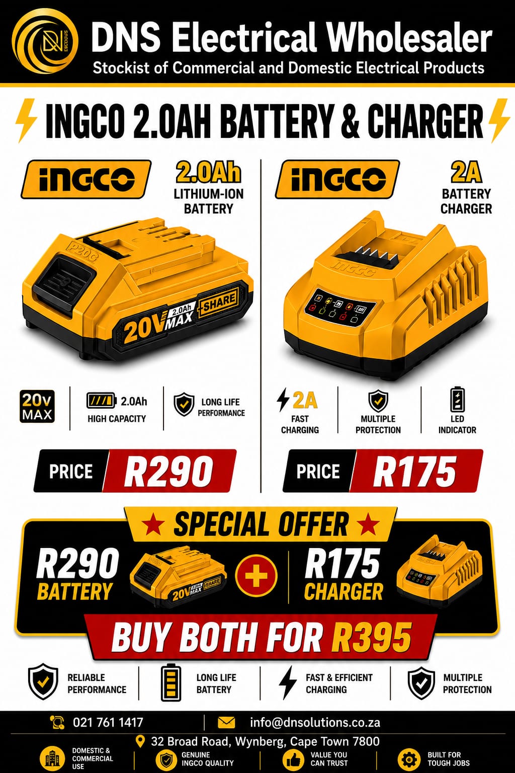 INGCO 20V 2.0AH BATTERY & 2A CHARGER COMBO