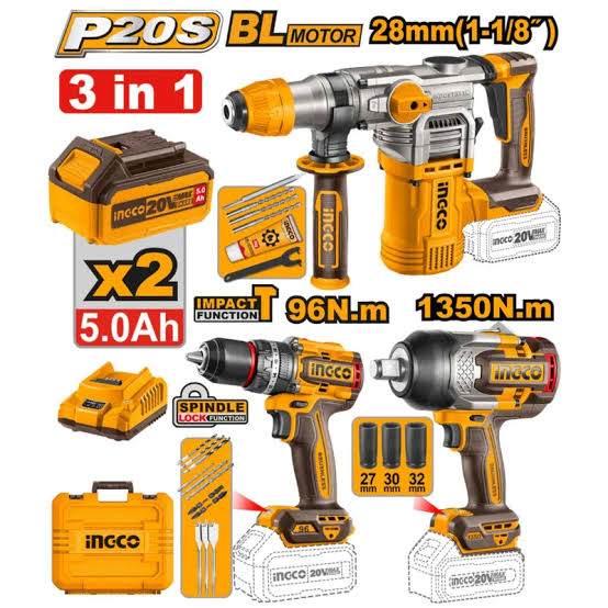 INGCO 3P DRILL/WRENCH/ROTARY HAMMER KIT