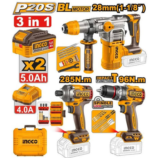INGCO 20V PS+C/L 3P ROTARY HAMMER/DRILL/DRIVER COMBO