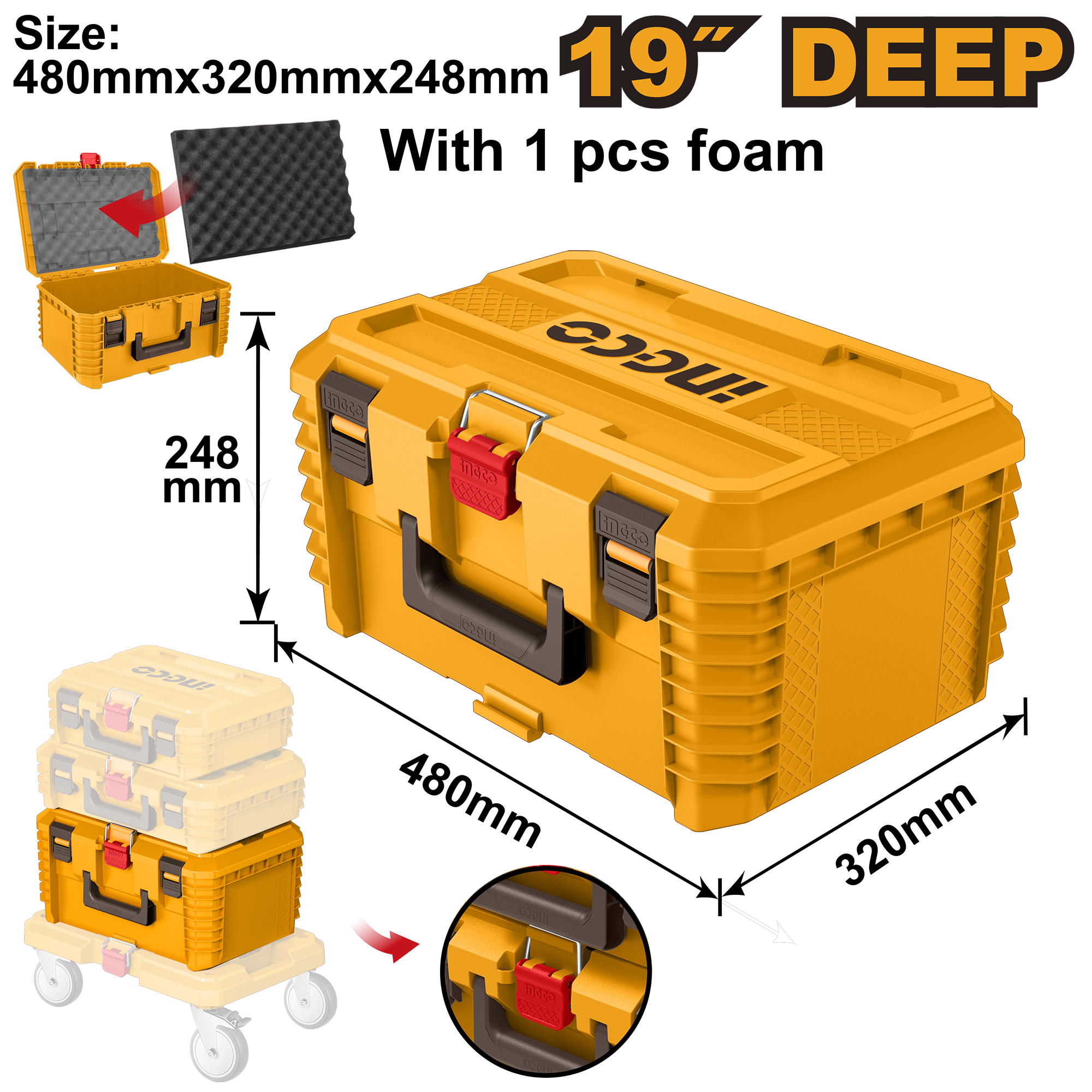 INGCO 19" STACKABLE TOOL BOX 480X320X248MM 25KG P/CLIP EMPTY