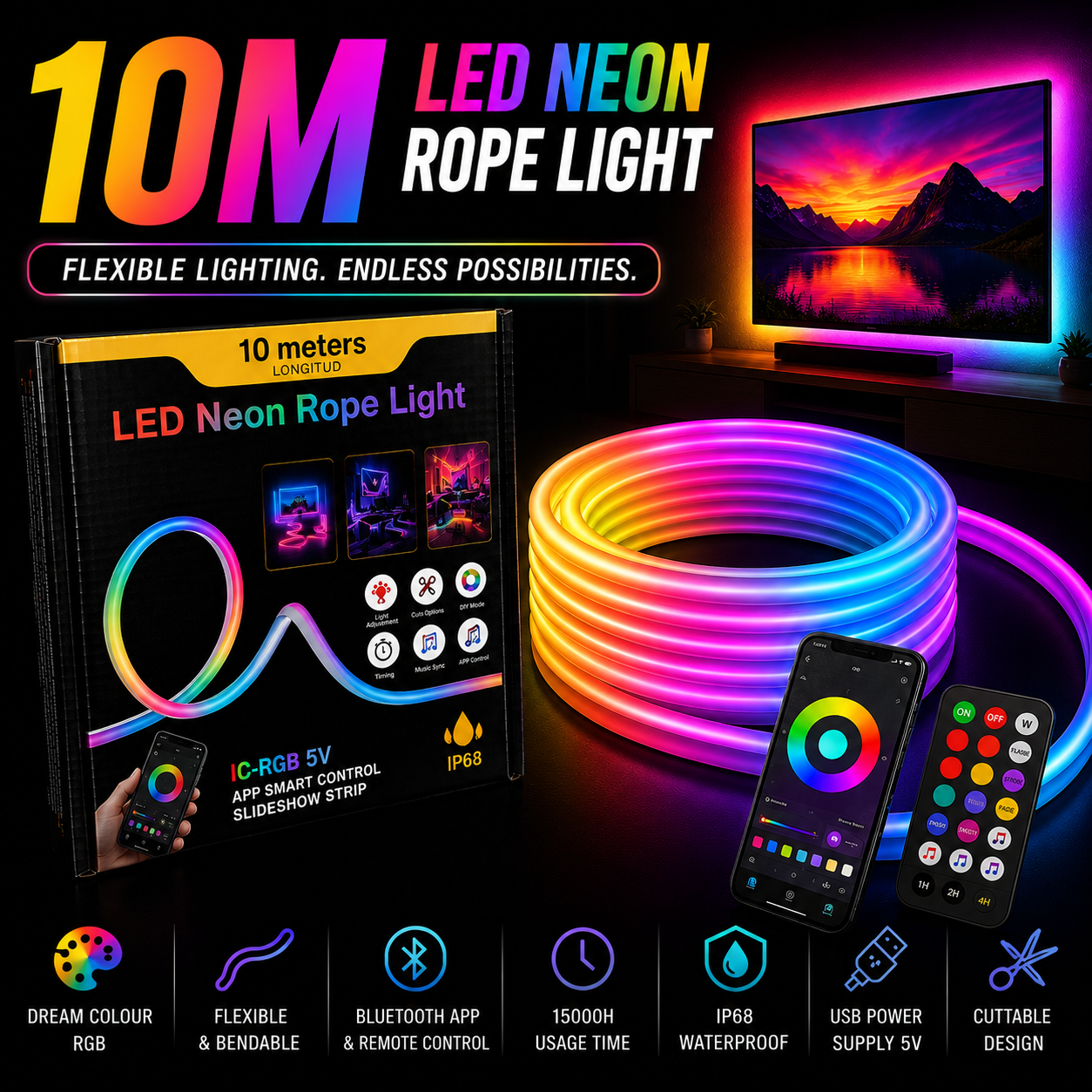 LED NEON ROPE LIGHT 10M - USB+REMOTE