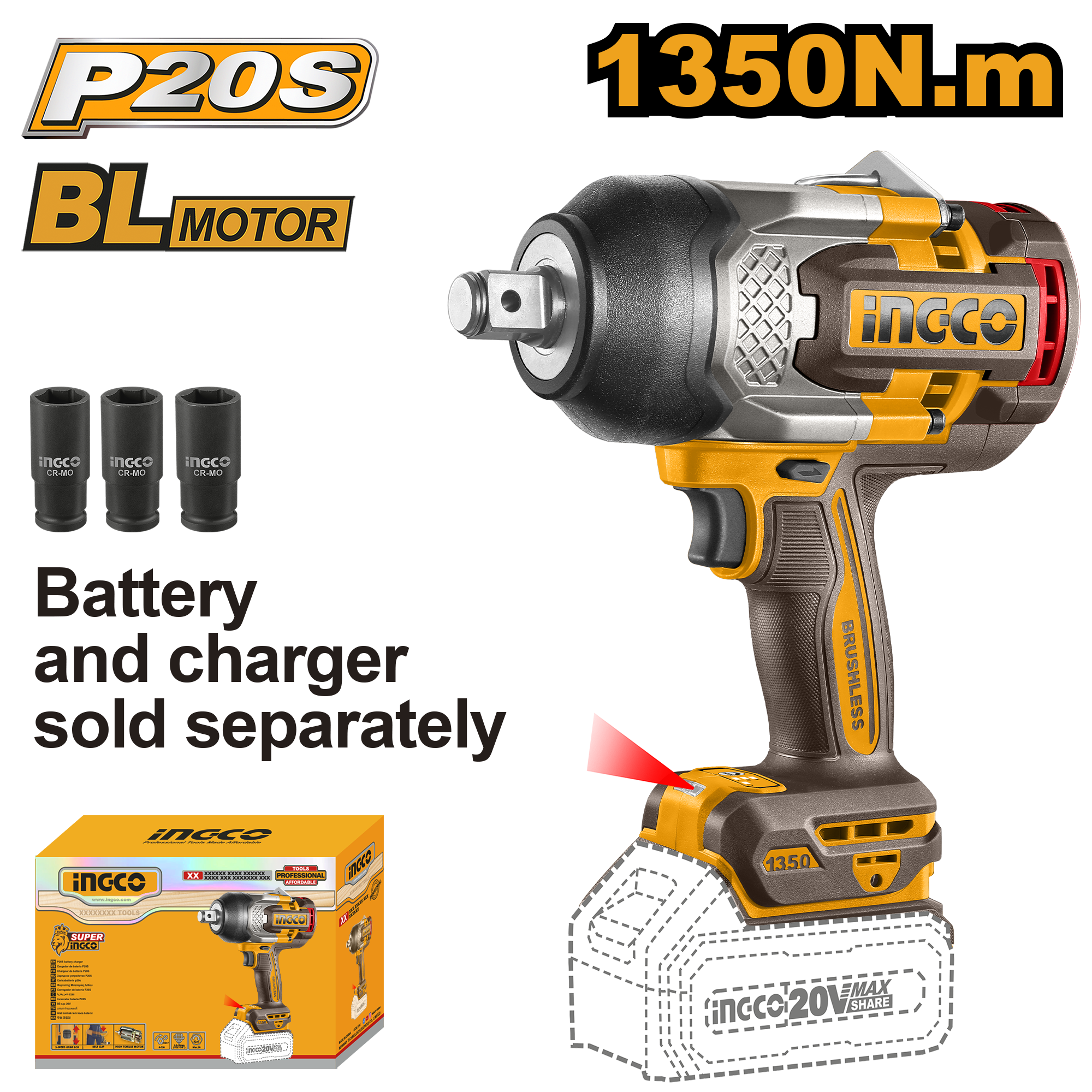 INGCO 20V PS+C/L B/L IMPACT WRENCH 3/4 NO B/C BOX