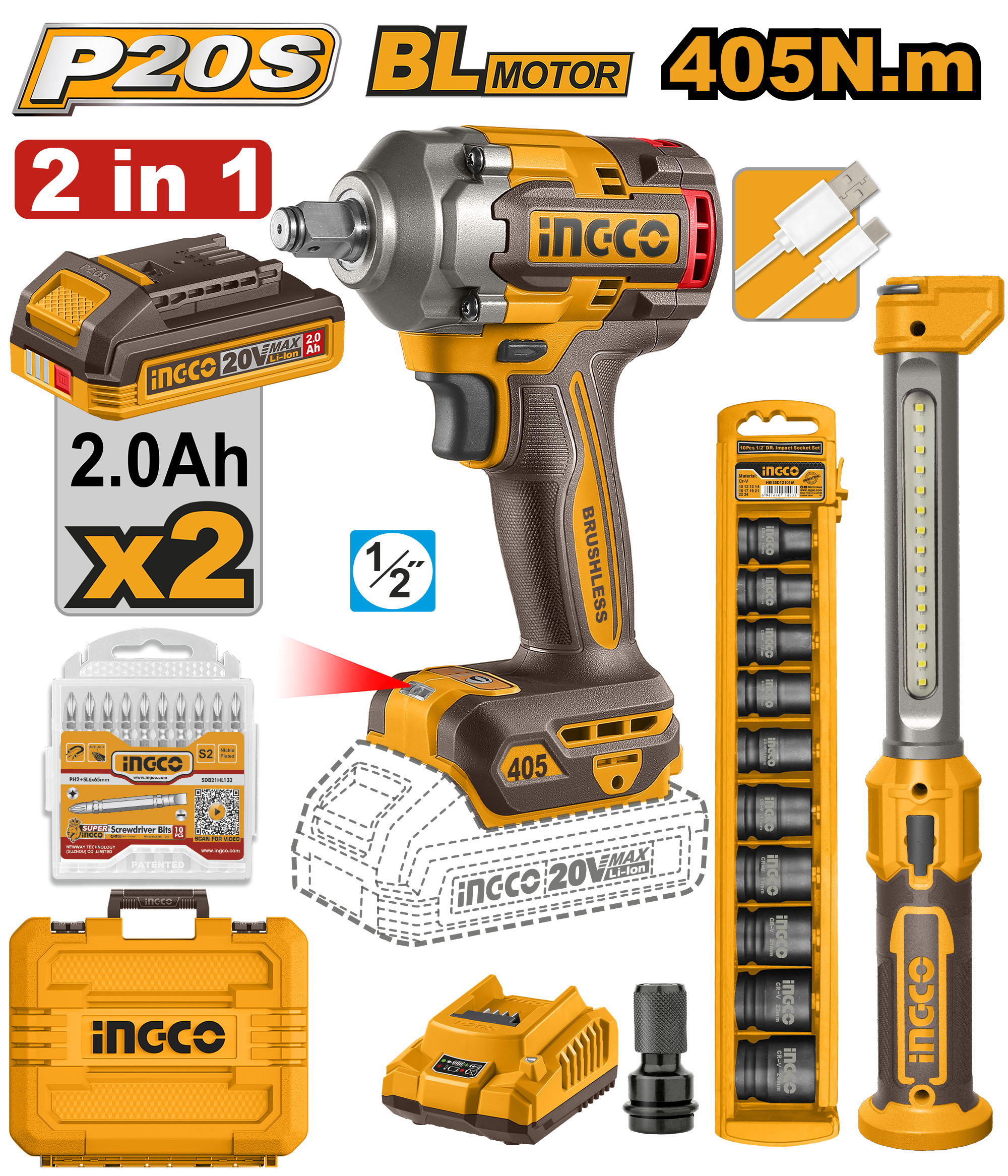 INGCO 20V PSC/L COMBO IND I/W LAMP 405NM 2PCSS