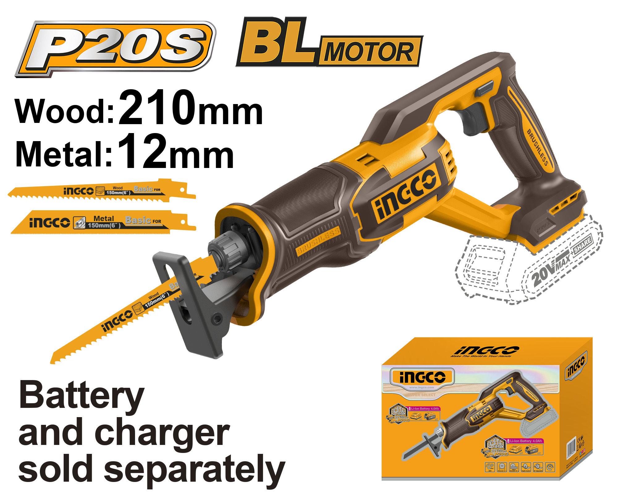 INGCO 20V PS+ C/L B/L Reciprocating Saw