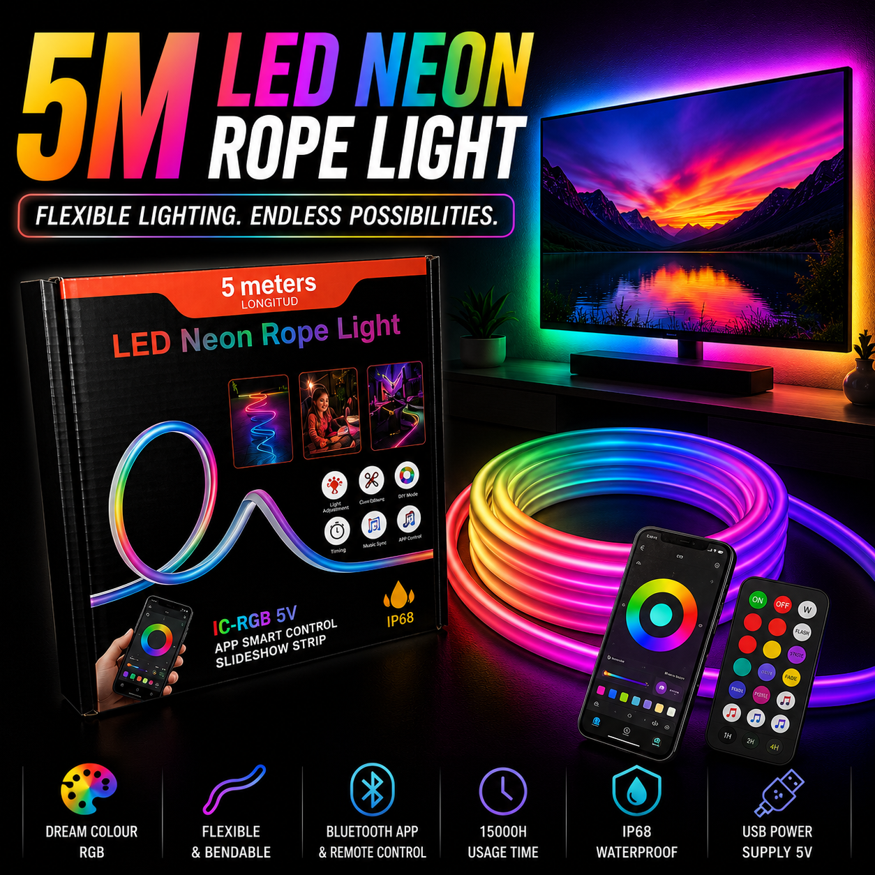 LED NEON ROPE LIGHT 5M - USB+REMOTE