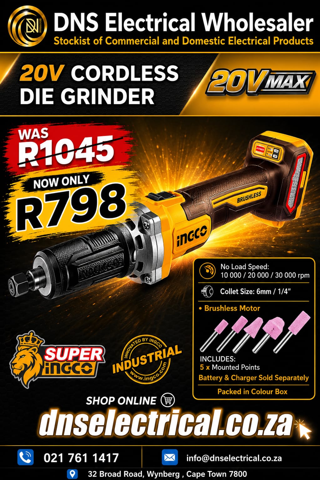 INGCO 20V PS+ C/L B/L DIE GRINDER NO B/C - Image 2