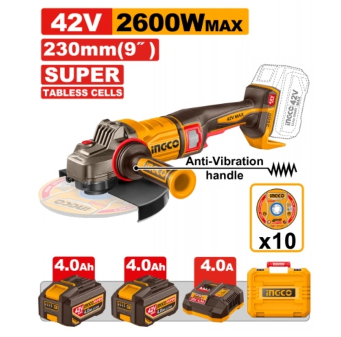 INGCO 42V C/L B/L 230MM CORDLESS GRINDER KIT