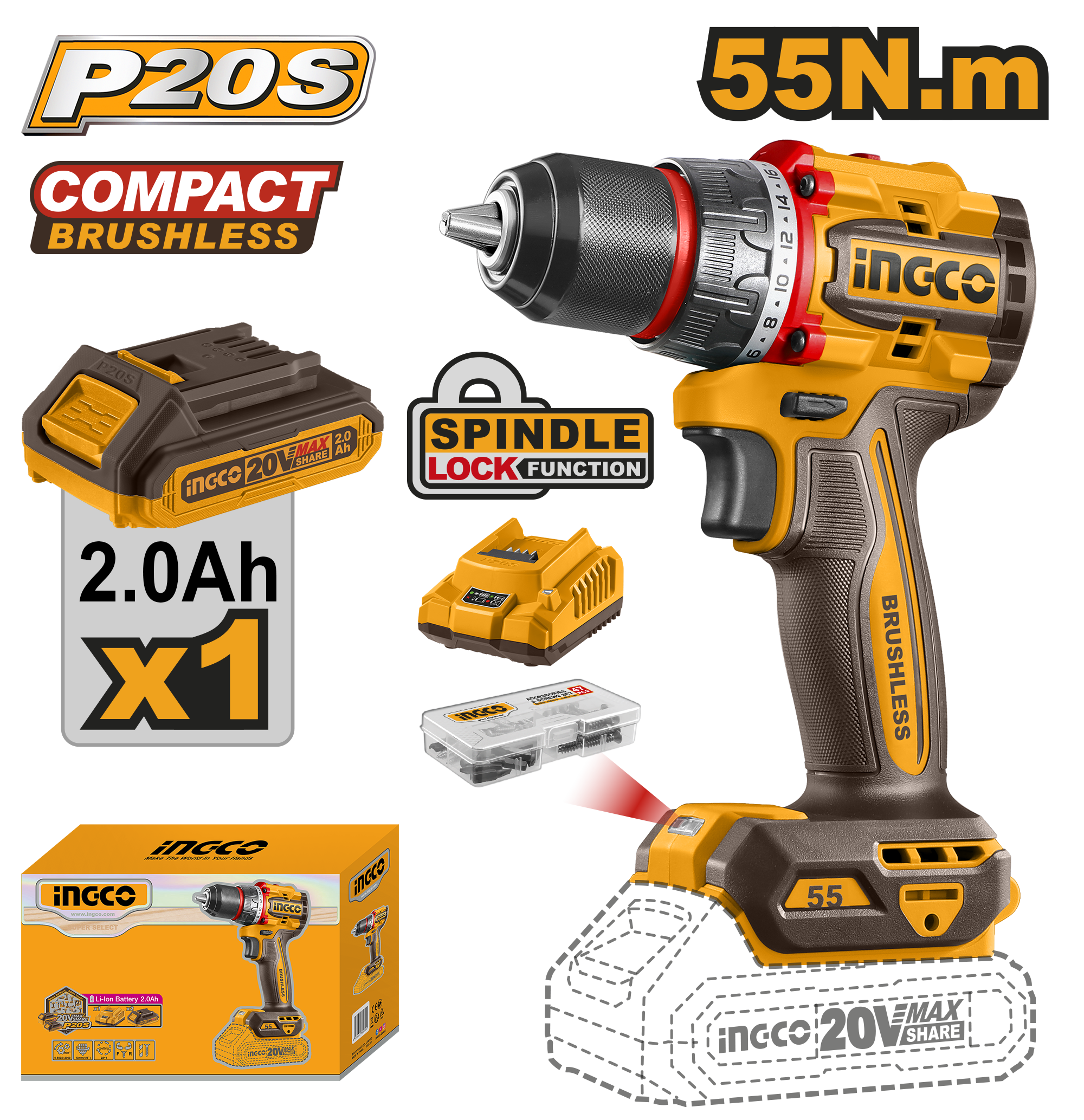 INGCO 20V PS+C/L B/L DRILL 55NM 1X2.0 AH B/C KIT BOX