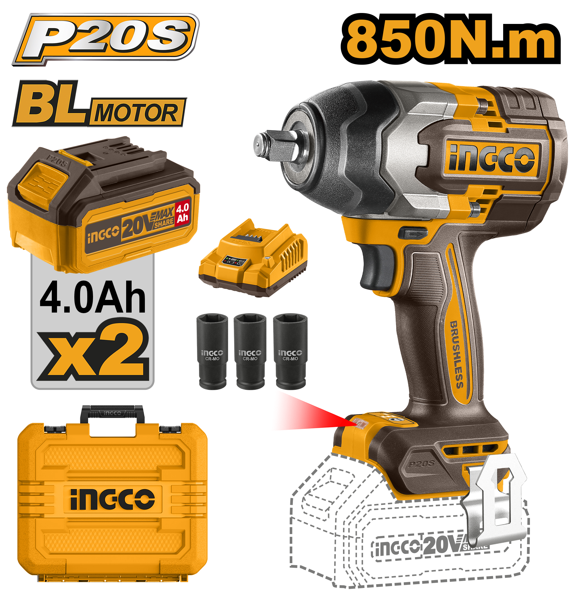 INGCO 20V PS+C/L+B/L IMPACT WRENCH 850NM KIT - 2 BAT INCL