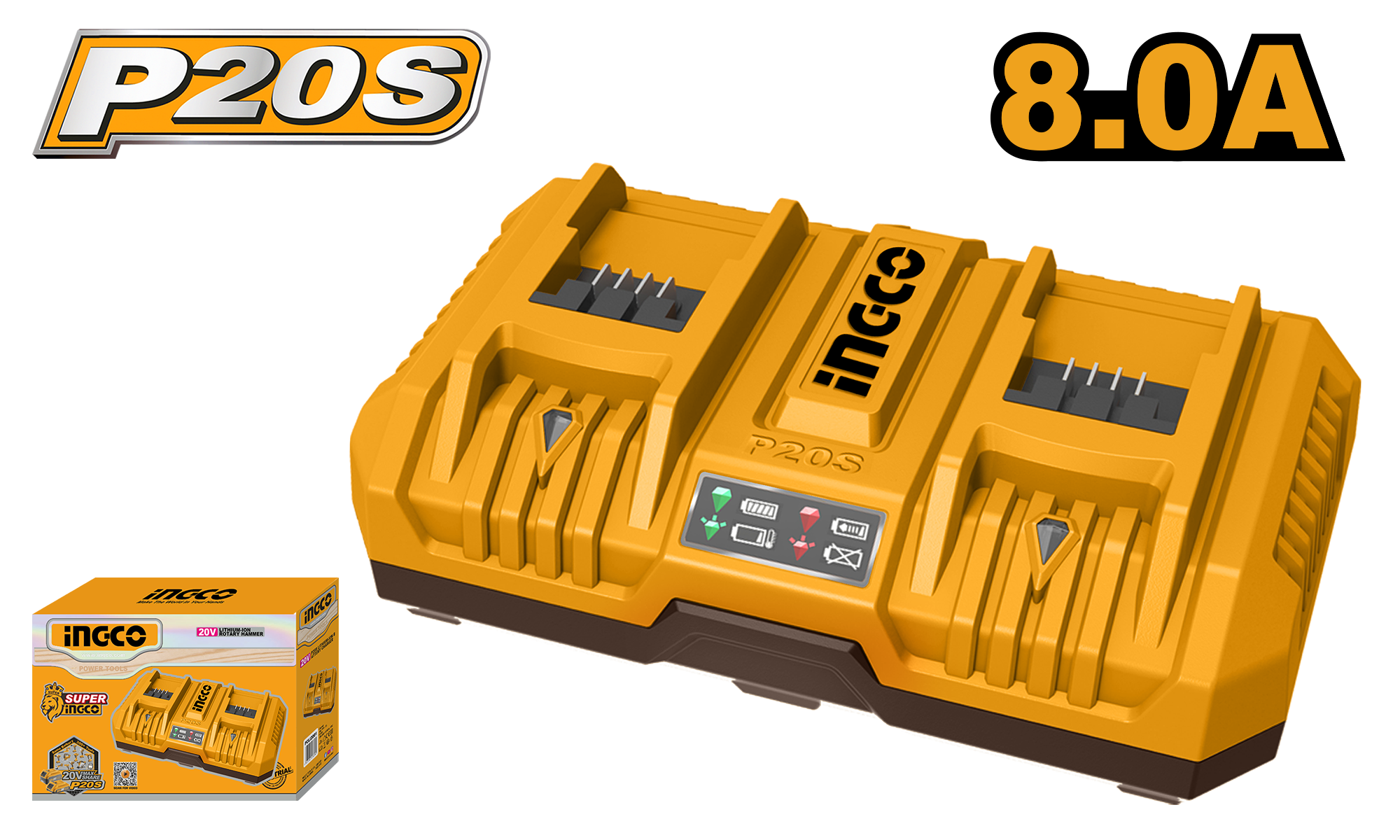 INGCO 20V PS+C/L DUAL CHARGER 8A