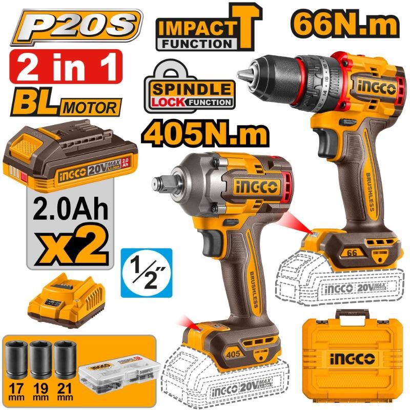 INGCO 20V PS+C/L+B/L IMPACT WRENCH & IMPACT DRILL - ACC+2 BATT INCL