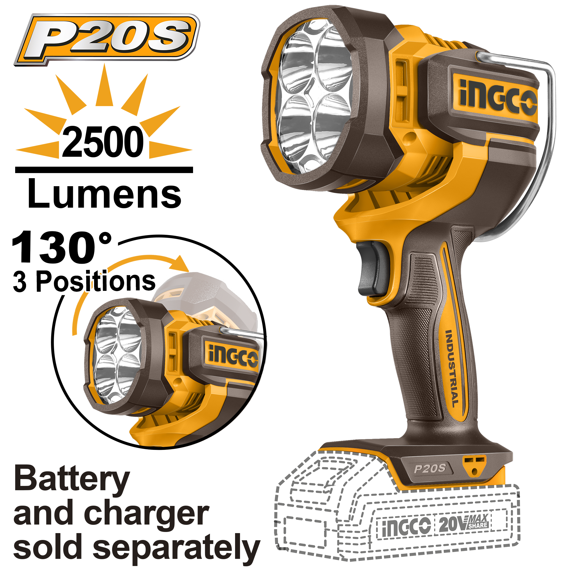 INGCO 20V PS+C/L 2500 LUMENS WORK LAMP - NO B/C